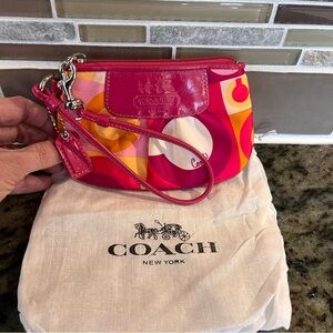 Coach Madison Op Art Resort Scarf Print Pink and Orange Wristlet